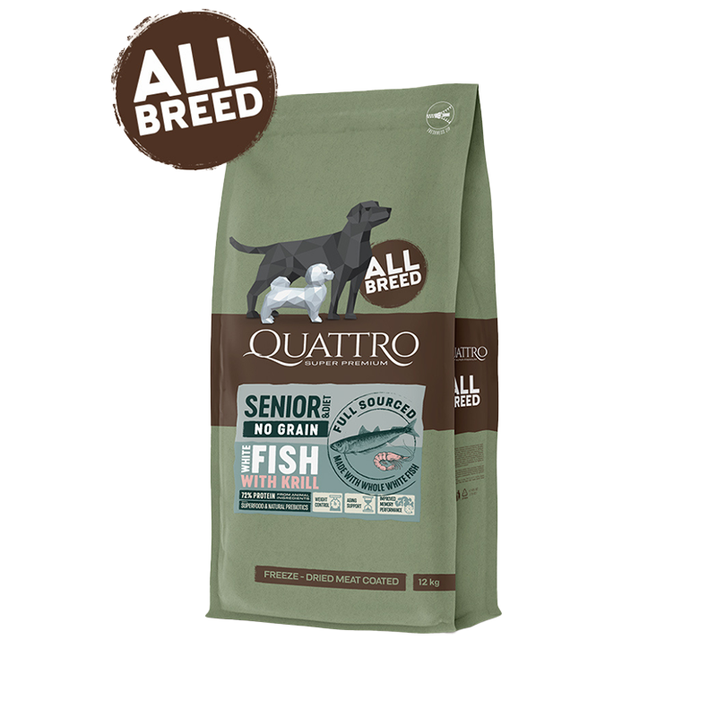 Quattro Super Premium No Grain All Breed Senior/diet White, Fish & Krill 12kg — 2 sække