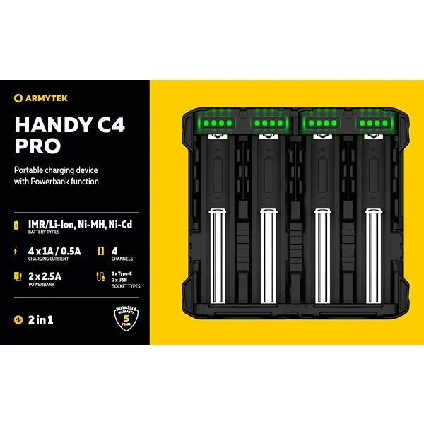 Armytek Handy C4 Pro Charger / 4ch / LED indication / Input 5V USB 3.1 Type-C / Output 4x1A / Powerbank 2x2.5A / for IMR/Li-Ion, Ni-MH, Ni-Cd
