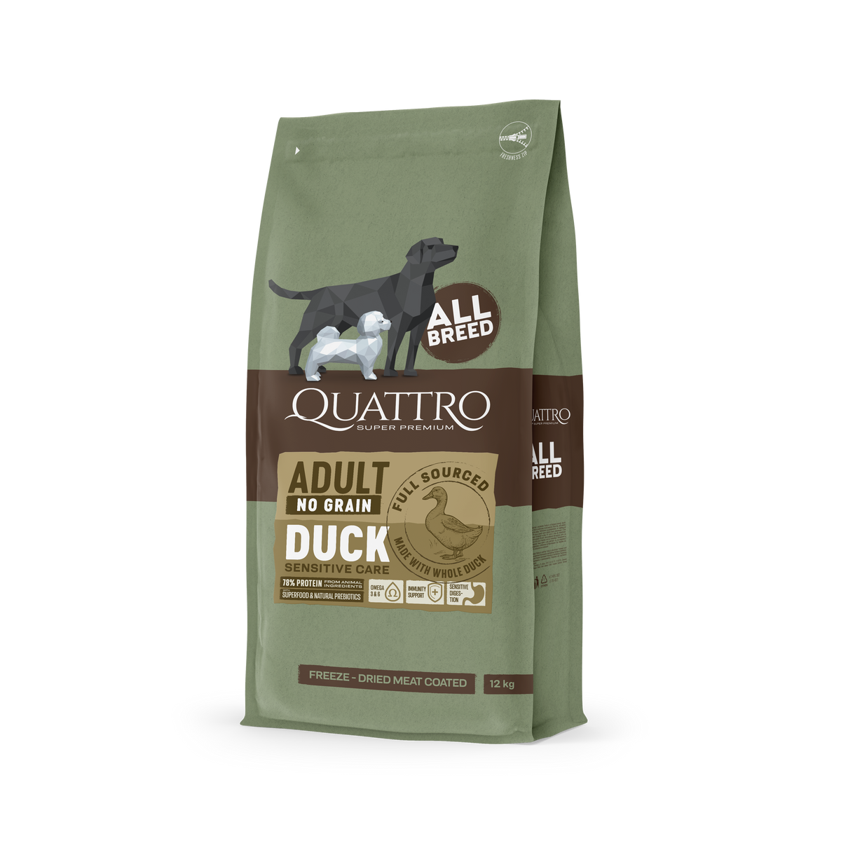 Quattro Super Premium No Grain All Breed Adult, Duck 12kg — 2 sække