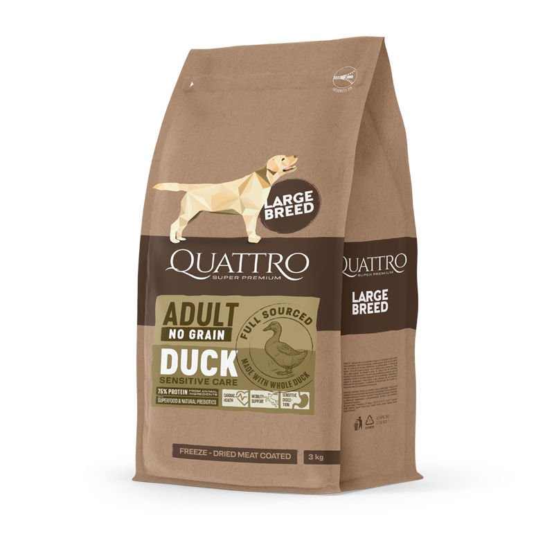 Quattro Super Premium No Grain Large Breed Adult, Duck 12kg — 2 sække