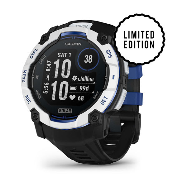 Instinct® 3 – 50 mm, Solar, Whitestone med sort/Bolt Blue rem