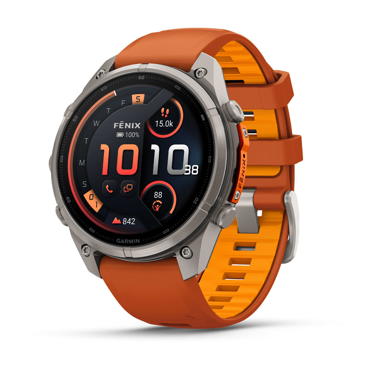 fēnix® 9 Pro – inReach, 47 mm, AMOLED, Sapphire, Titanium med Autumn Orange/Spark Orange silikonerem