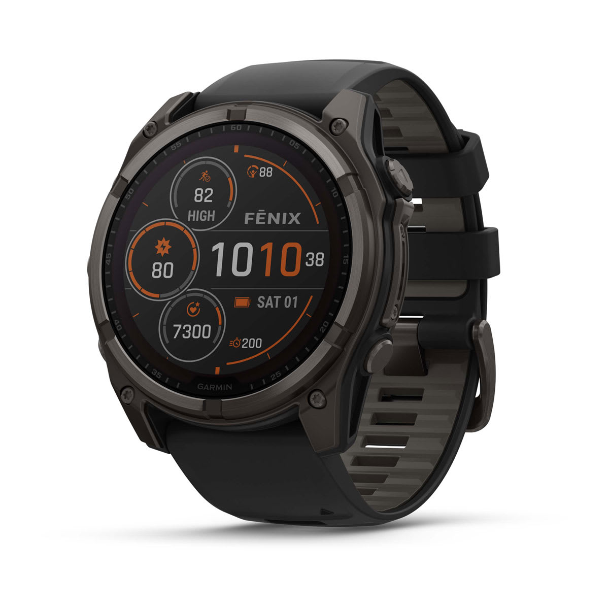 fēnix® 8 – 51 mm, Solar, Sapphire, Carbon Grey DLC-titanium med sort/Pebble Grey silikonerem