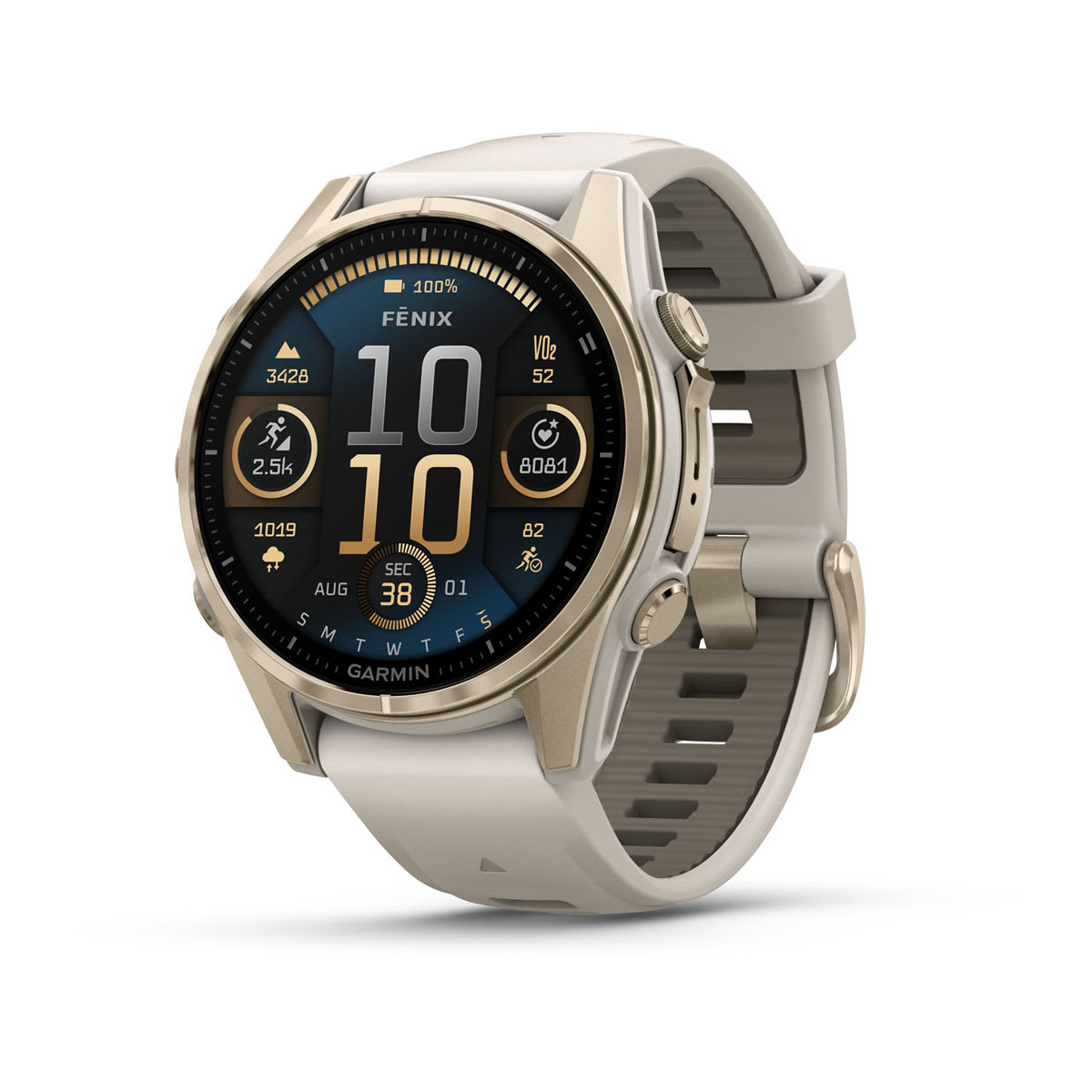 fēnix® 8 – 43 mm, AMOLED, Sapphire, Soft Gold med Fog Grey/Dark Sandstone silikonerem