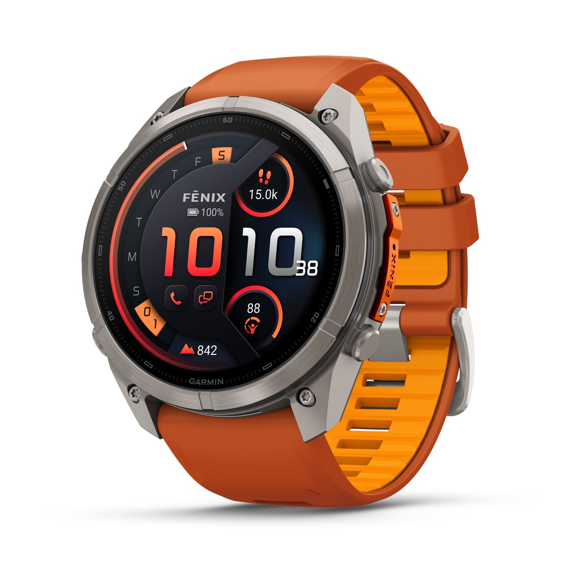 fēnix® 9 Pro – inReach, 51 mm, AMOLED, Sapphire, Titanium med Autumn Orange/Spark Orange silikonerem