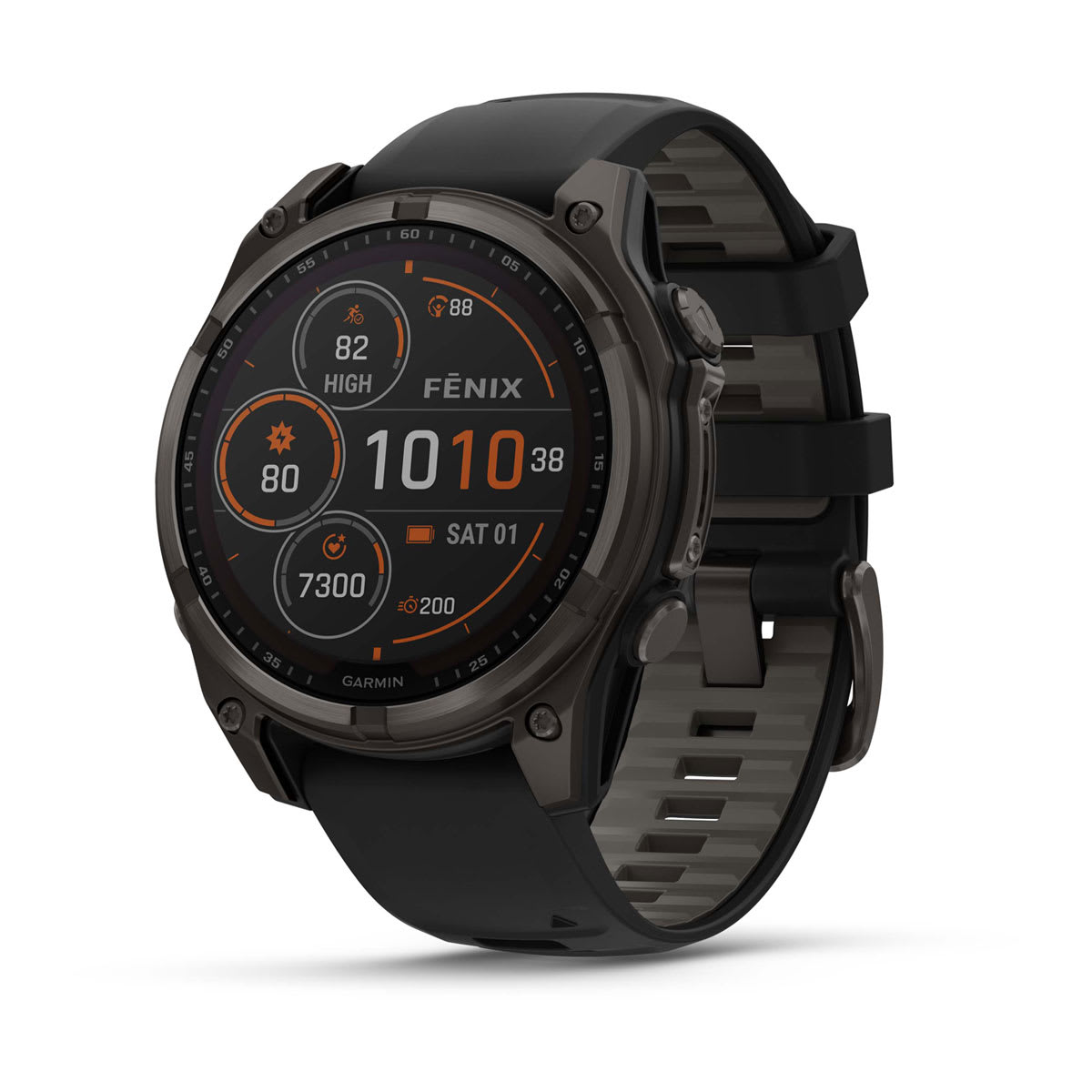 fēnix® 8 – 47 mm, Solar, Sapphire, Carbon Grey DLC-titanium med sort/Pebble Grey silikonerem