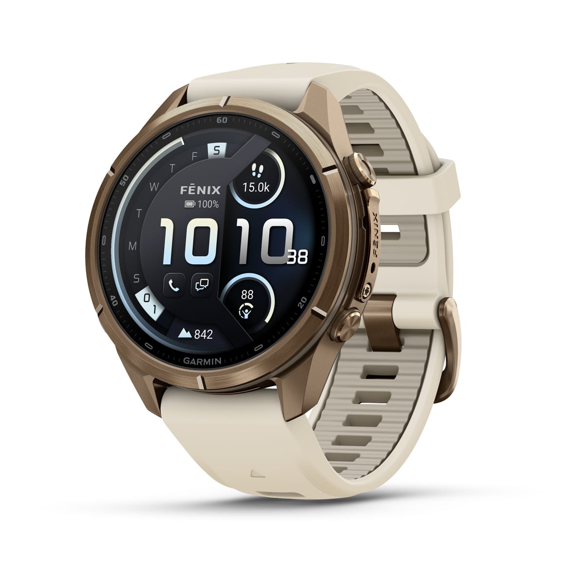 fēnix® 9 Pro – inReach, 43 mm, AMOLED, Sapphire, Autumn Gold-titanium med Cream/French Grey silikonerem