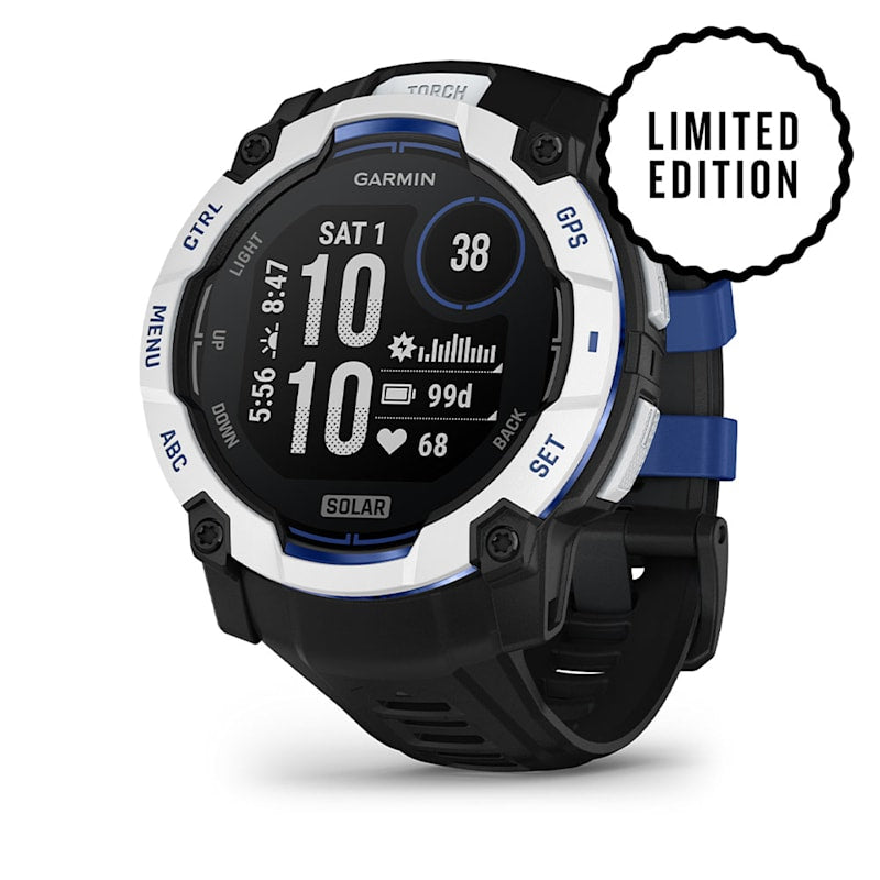 Instinct® 3 – 45 mm, Solar, Whitestone med Whitestone/Bolt Blue rem 2