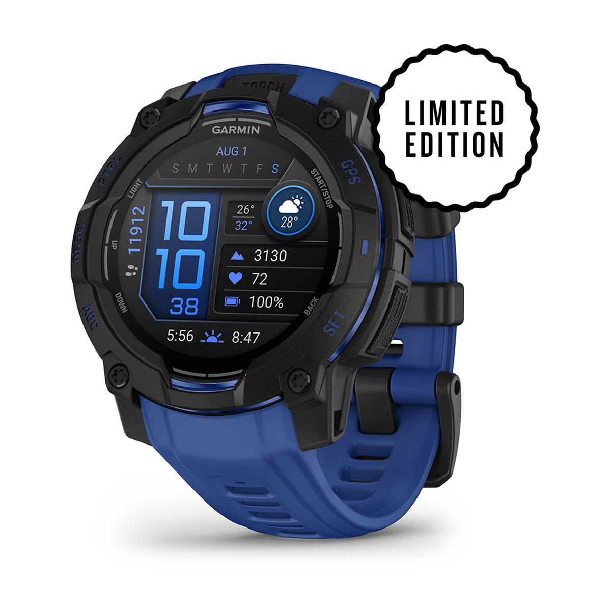 Instinct® 3 – 45 mm, AMOLED, Sort med Bolt Blue/sort rem