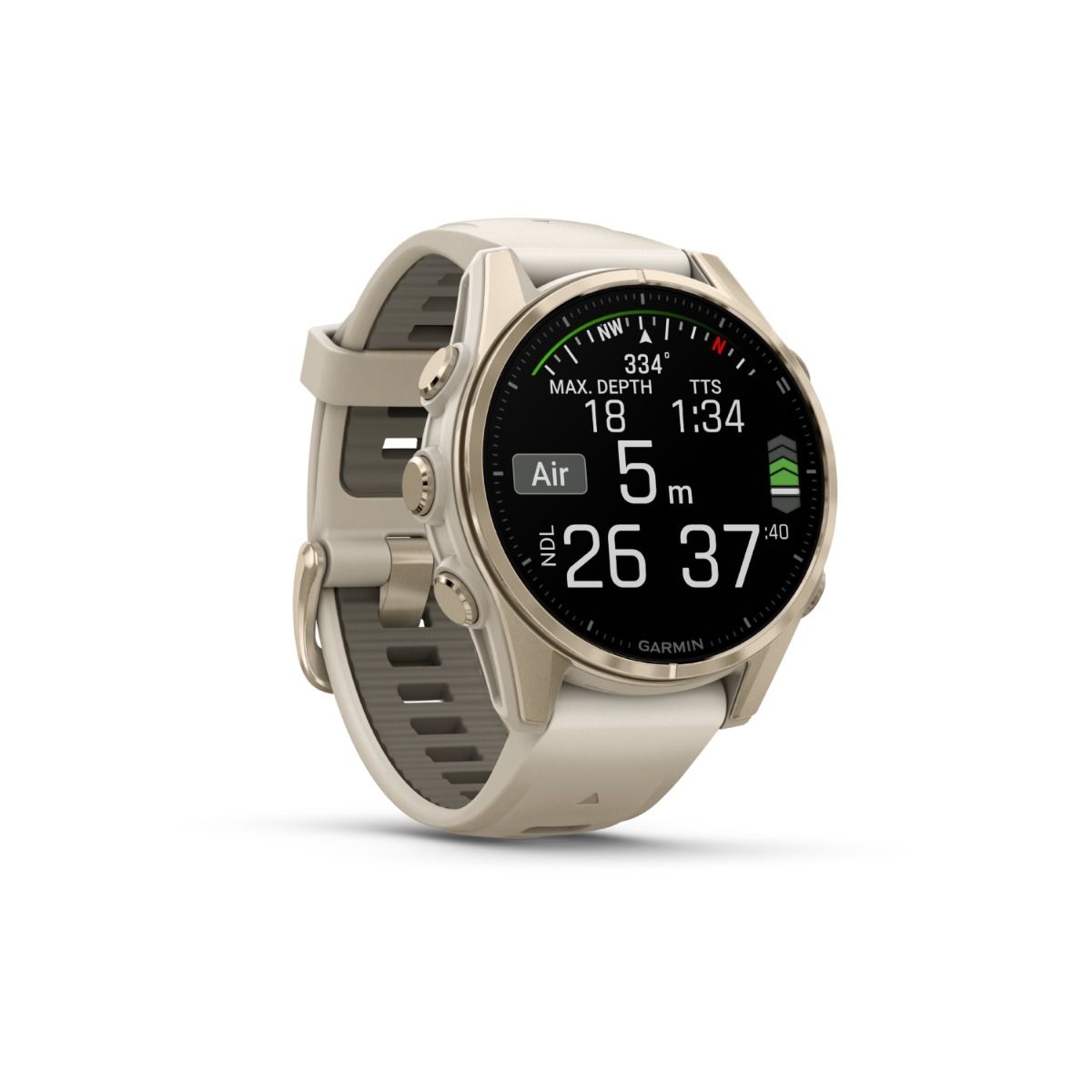 fēnix® 8 – 43 mm, AMOLED, Sapphire, Soft Gold med Fog Grey/Dark Sandstone silikonerem