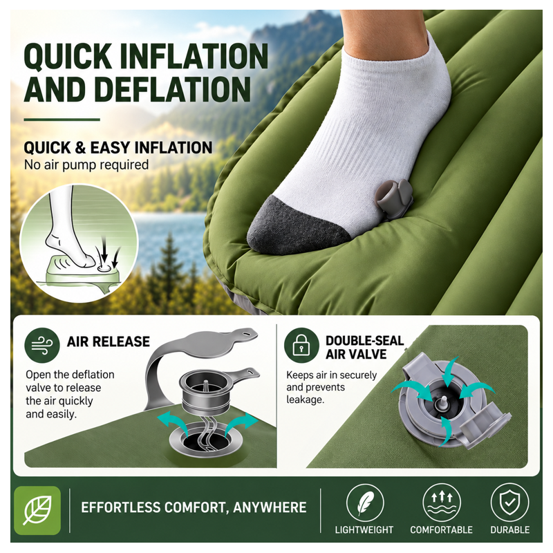 Globuz – Cloud Sleeping Mat with Built-in Foot Pump, 195 × 70 × 10 cm, Green/Grey