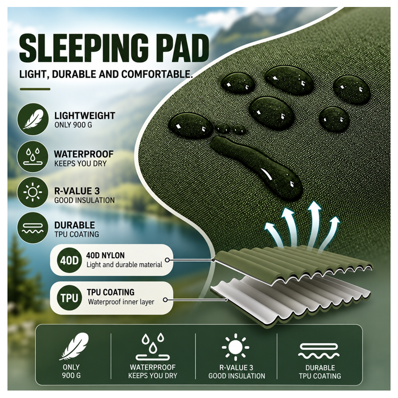 Globuz – Cloud Sleeping Mat with Built-in Foot Pump, 195 × 70 × 10 cm, Green/Grey