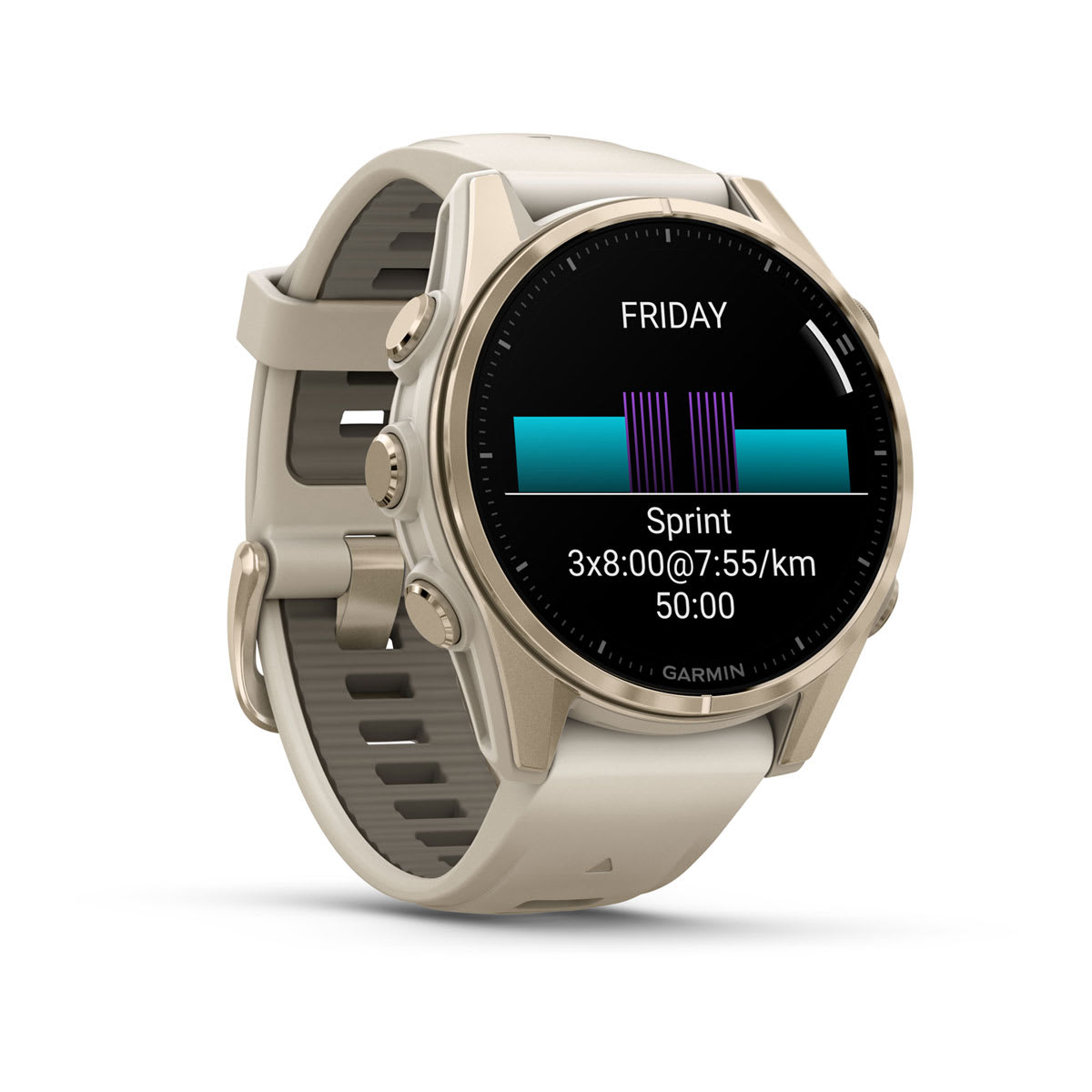 fēnix® 8 – 43 mm, AMOLED, Sapphire, Soft Gold med Fog Grey/Dark Sandstone silikonerem