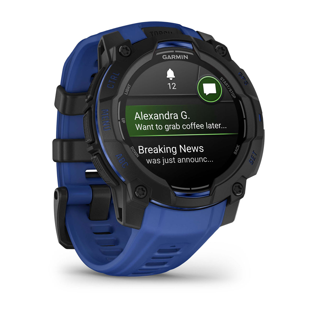 Instinct® 3 – 45 mm, AMOLED, Sort med Bolt Blue/sort rem