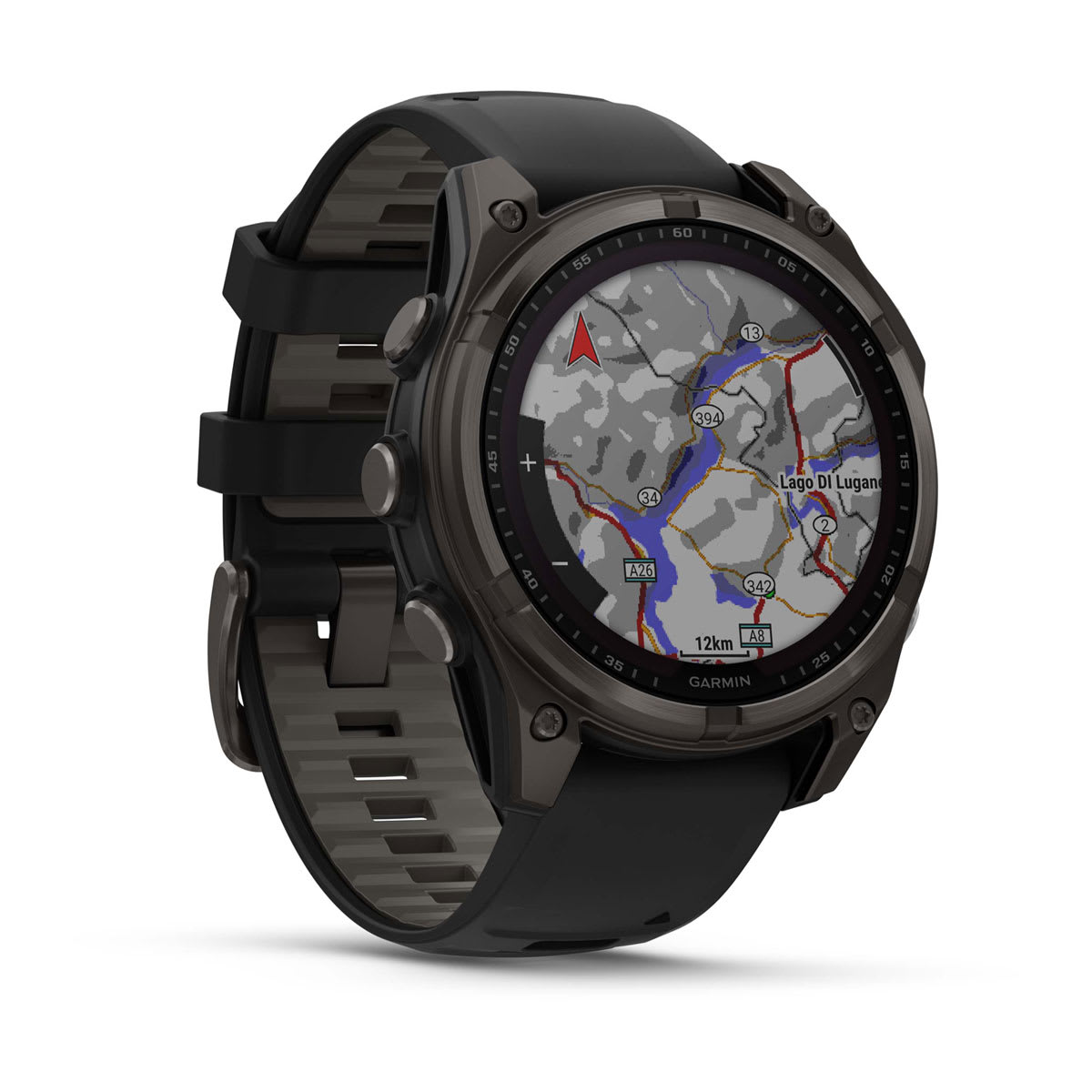fēnix® 8 – 47 mm, Solar, Sapphire, Carbon Grey DLC-titanium med sort/Pebble Grey silikonerem