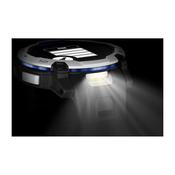 Instinct® 3 – 50 mm, Solar, Whitestone med sort/Bolt Blue rem