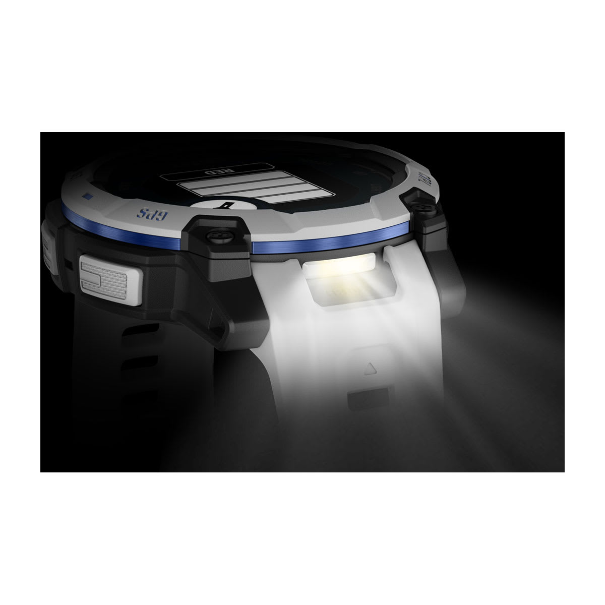 Instinct® 3 – 45 mm, Solar, Whitestone med Whitestone/Bolt Blue rem