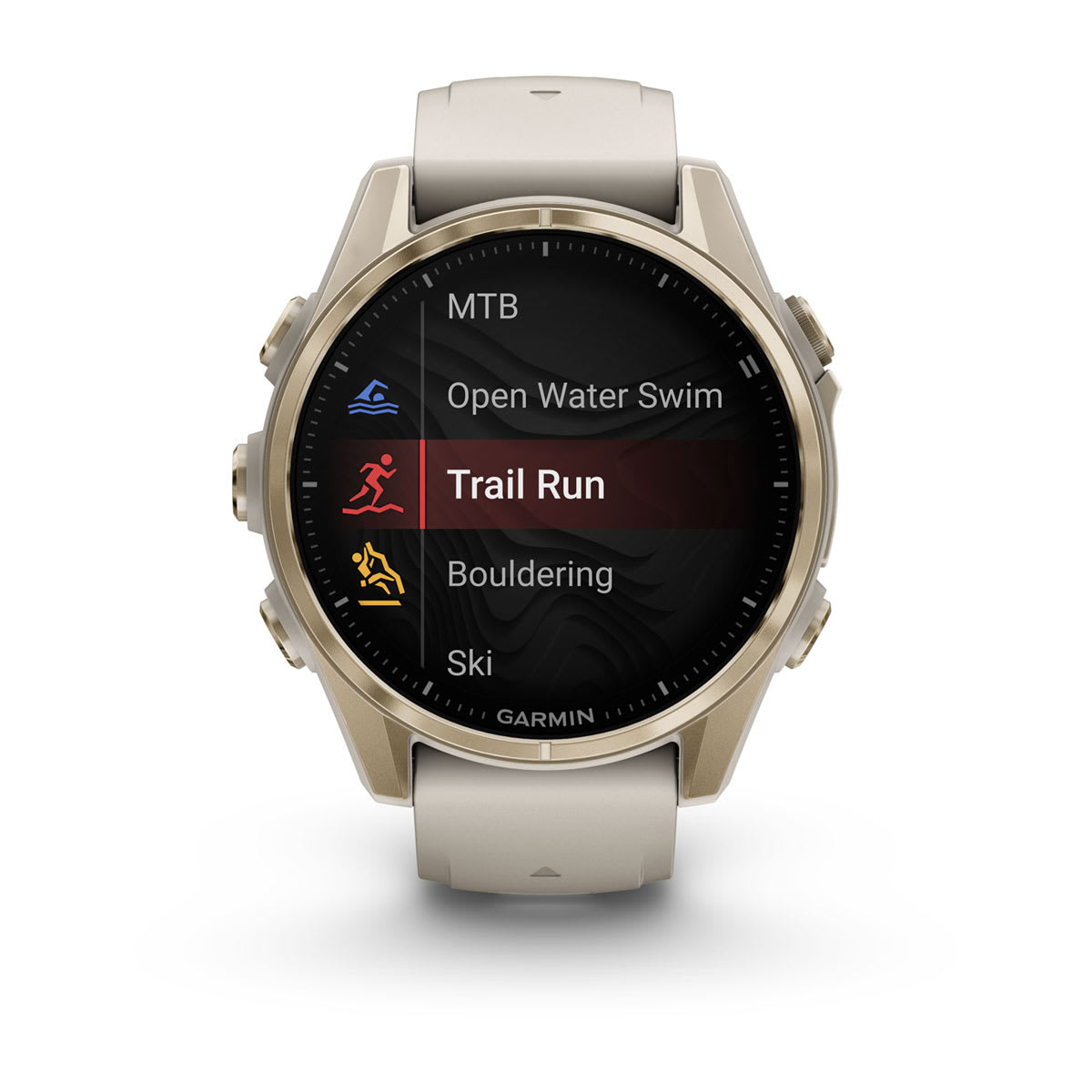 fēnix® 8 – 43 mm, AMOLED, Sapphire, Soft Gold med Fog Grey/Dark Sandstone silikonerem
