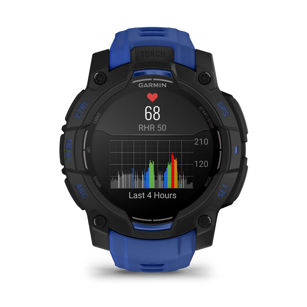 Instinct® 3 – 45 mm, AMOLED, Sort med Bolt Blue/sort rem