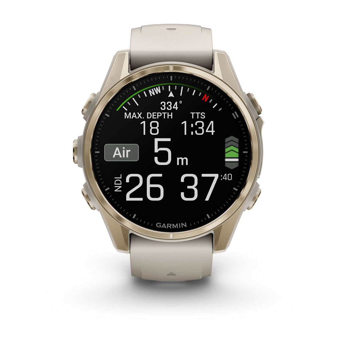 fēnix® 8 – 43 mm, AMOLED, Sapphire, Soft Gold med Fog Grey/Dark Sandstone silikonerem