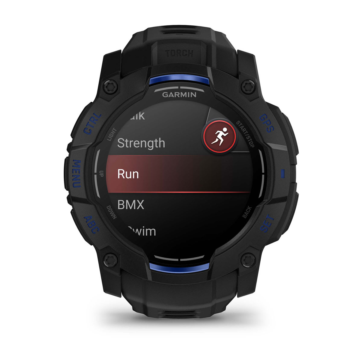 Instinct® 3 – 50 mm, AMOLED, Sort med sort/Bolt Blue rem
