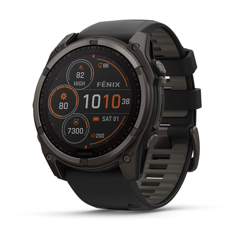 fēnix® 8 – 51 mm, Solar, Sapphire, Carbon Grey DLC-titanium med sort/Pebble Grey silikonerem 1