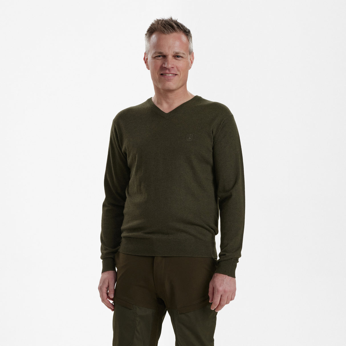Kingston Striktrøje med V-hals - Green Melange - Deerhunter