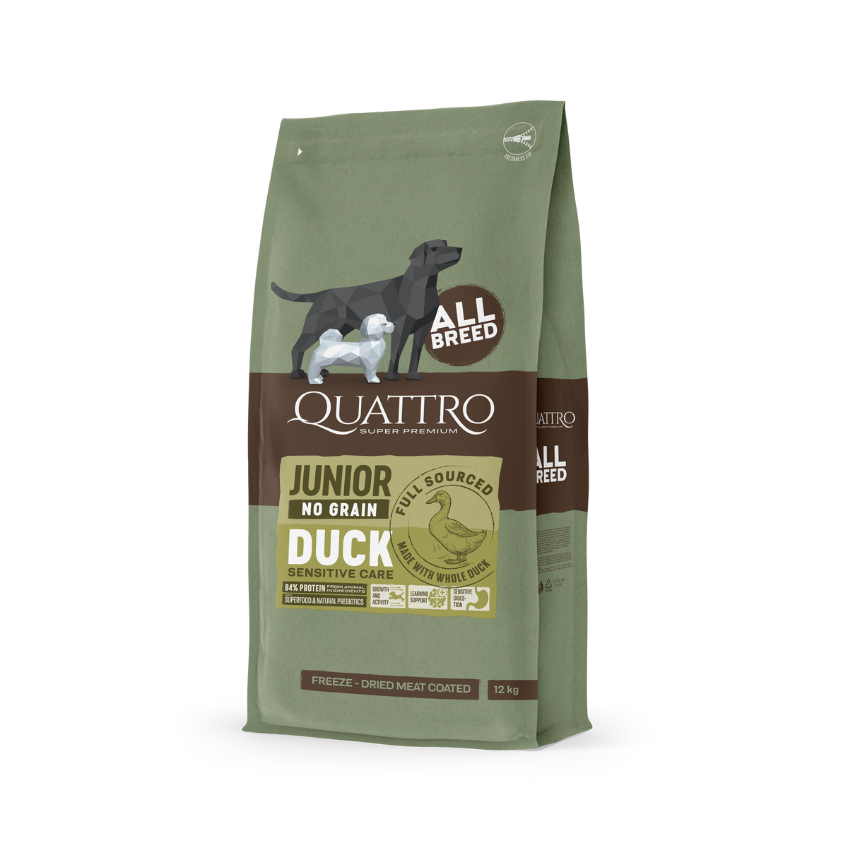 Quattro Super Premium No Grain All Breed Junior, Duck 12kg — 2 sække