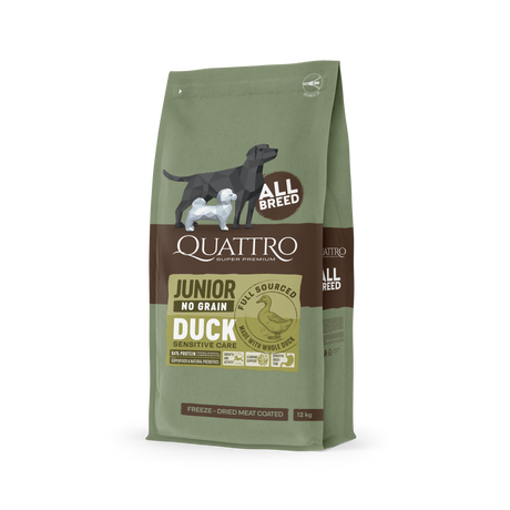 Quattro Super Premium No Grain All Breed Junior, Duck 12kg — 2 sække