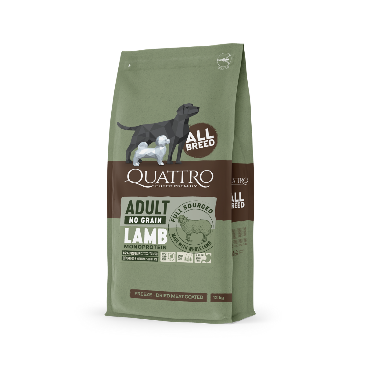 Quattro Super Premium No Grain All Breed Adult, Lamb MONOPROTEIN 12kg — 2 sække