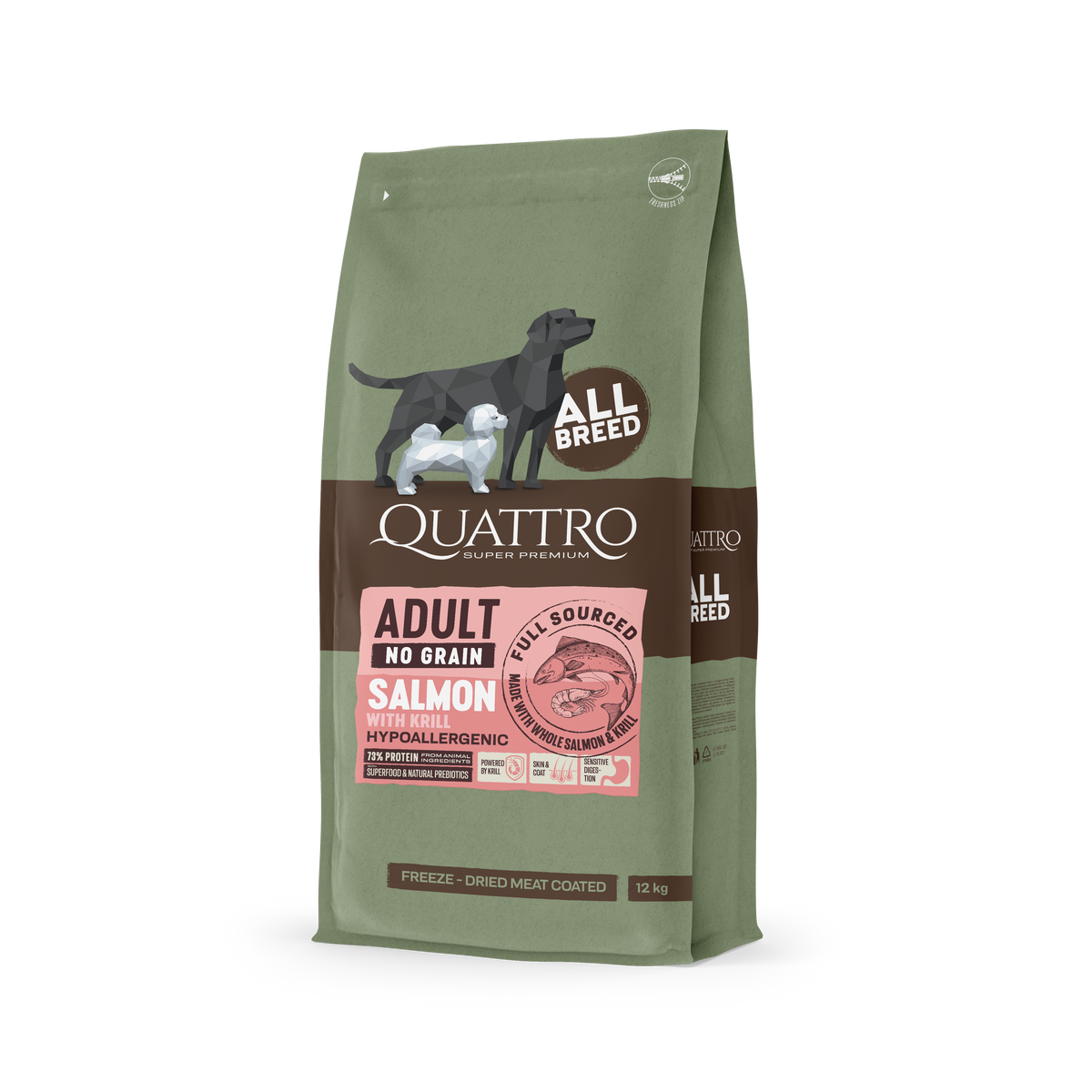 Quattro Super Premium No Grain All Breed Adult, Salmon & Krill 12kg — 2 sække