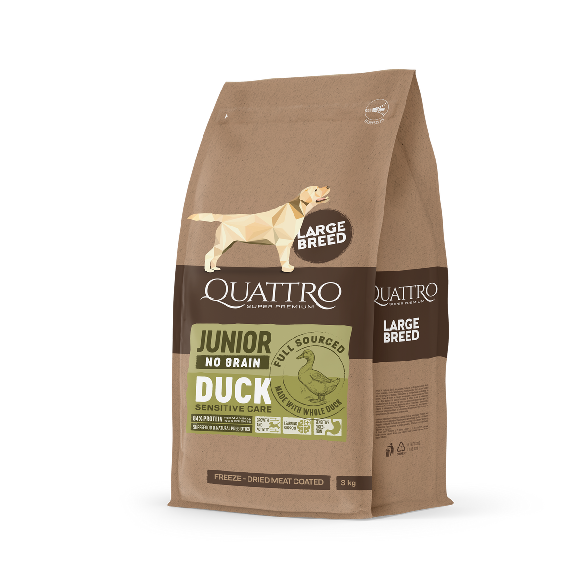 Quattro Super Premium No Grain Large Breed Junior, Duck  12kg — 2 sække