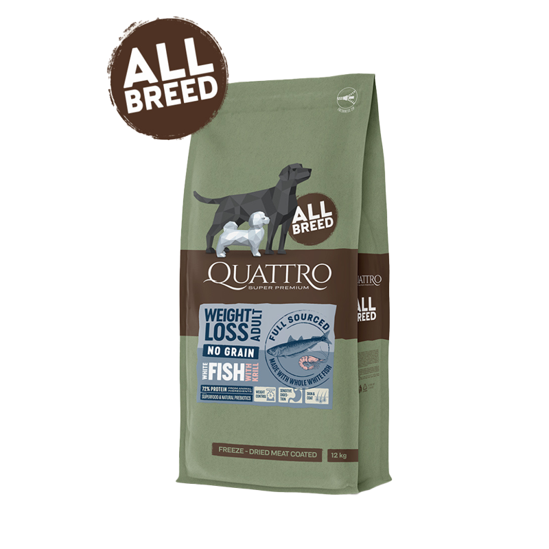 Quattro Super Premium No Grain All Breed Adult Weight Loss, White Fish & Krill  12kg — 2 sække