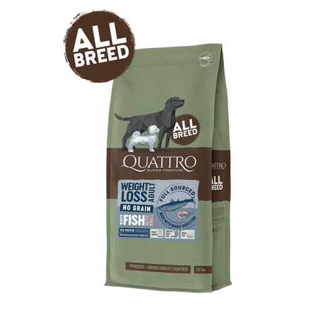 Quattro Super Premium No Grain All Breed Adult Weight Loss, White Fish & Krill  12kg — 2 sække