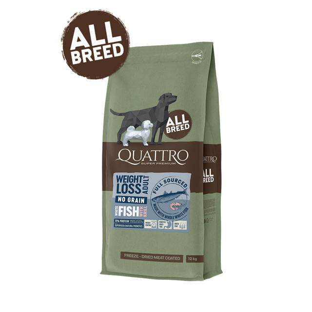 Quattro Super Premium No Grain All Breed Adult Weight Loss, White Fish & Krill  12kg — 2 sække