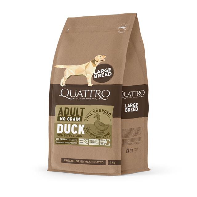Quattro Super Premium No Grain Large Breed Adult, Duck 12kg — 2 sække