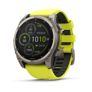fēnix® 8 – 51 mm, Solar, Sapphire, Titanium med Amp Yellow/Graphite silikonerem