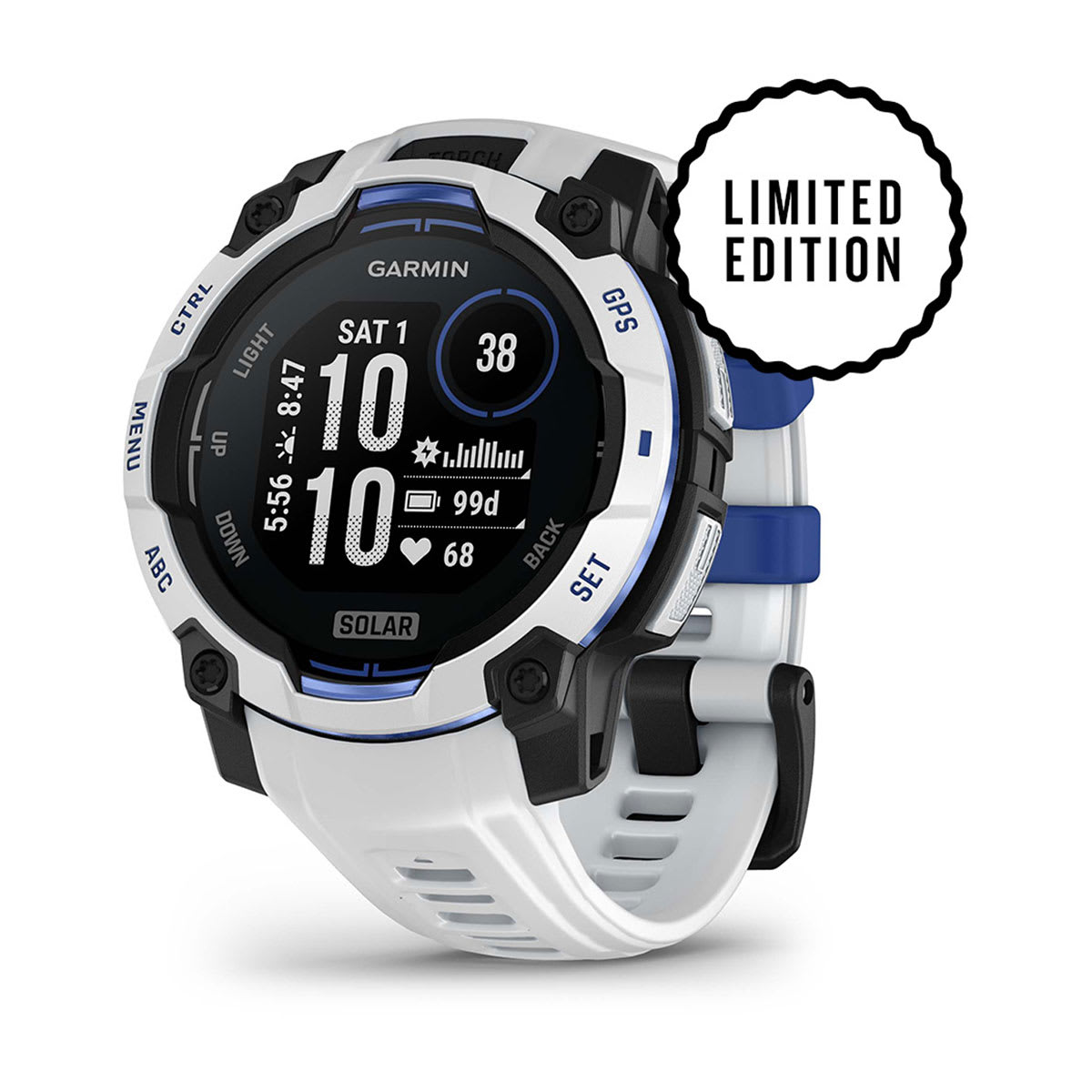 Instinct® 3 – 45 mm, Solar, Whitestone med Whitestone/Bolt Blue rem