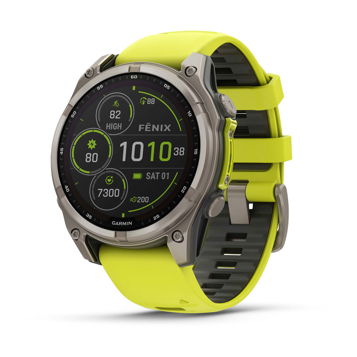 fēnix® 8 – 47 mm, Solar, Sapphire, Titanium med Amp yellow/graphite silikonerem