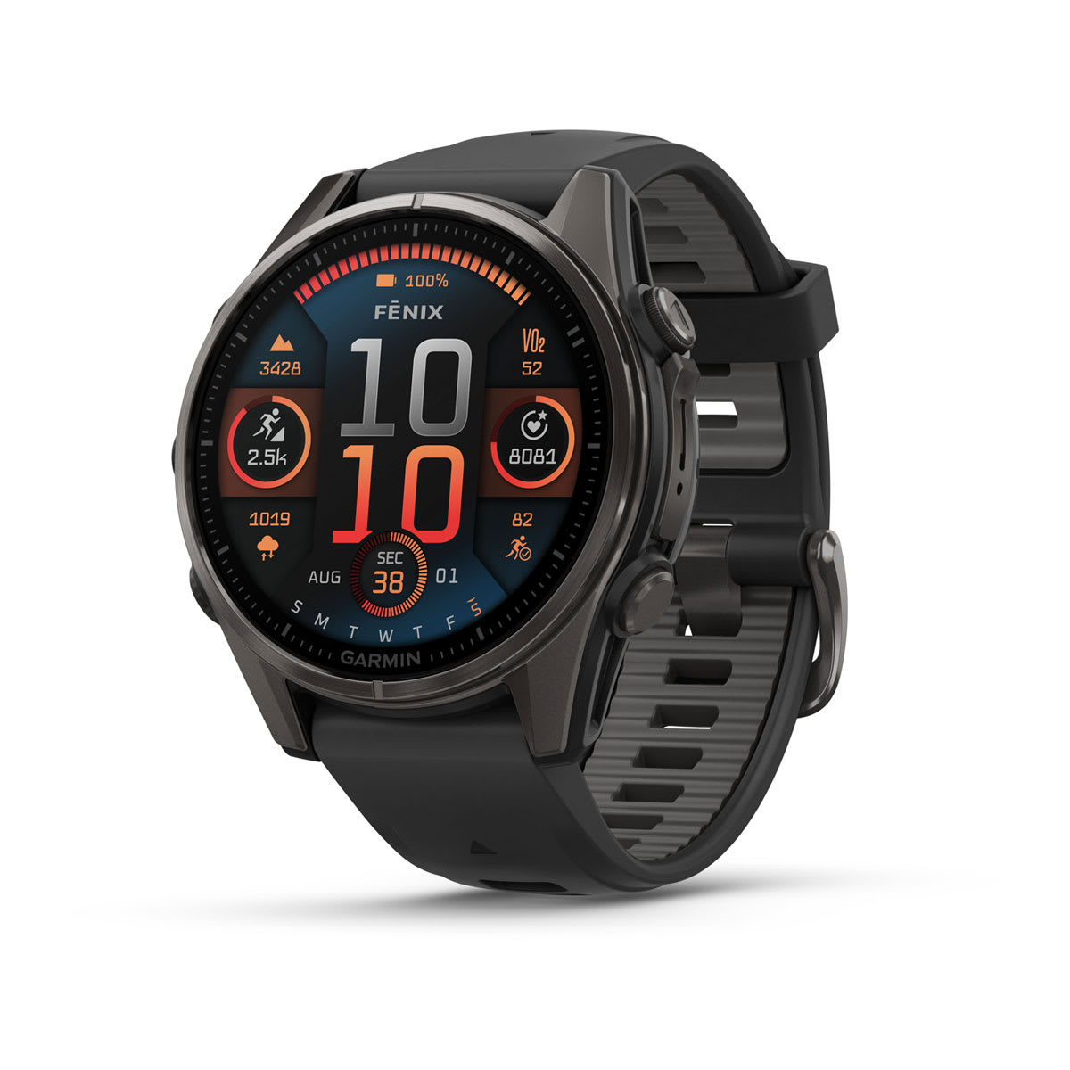 fēnix® 8 – 43 mm, AMOLED, Sapphire, Carbon Grey DLC-titanium med sort/Pebble Grey silikonerem