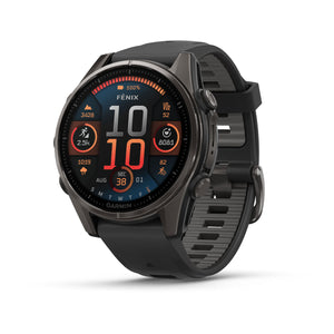 fēnix® 8 – 43 mm, AMOLED, Sapphire, Carbon Grey DLC-titanium med sort/Pebble Grey silikonerem