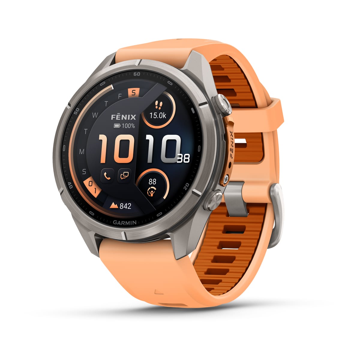 fēnix® 9 Pro – inReach, 43 mm, AMOLED, Sapphire, Titanium med Shell Pink/Autumn Orange silikonerem