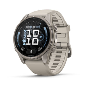 fēnix® 9 – 43 mm, AMOLED, Sapphire, Titanium med Fog Grey silikonerem