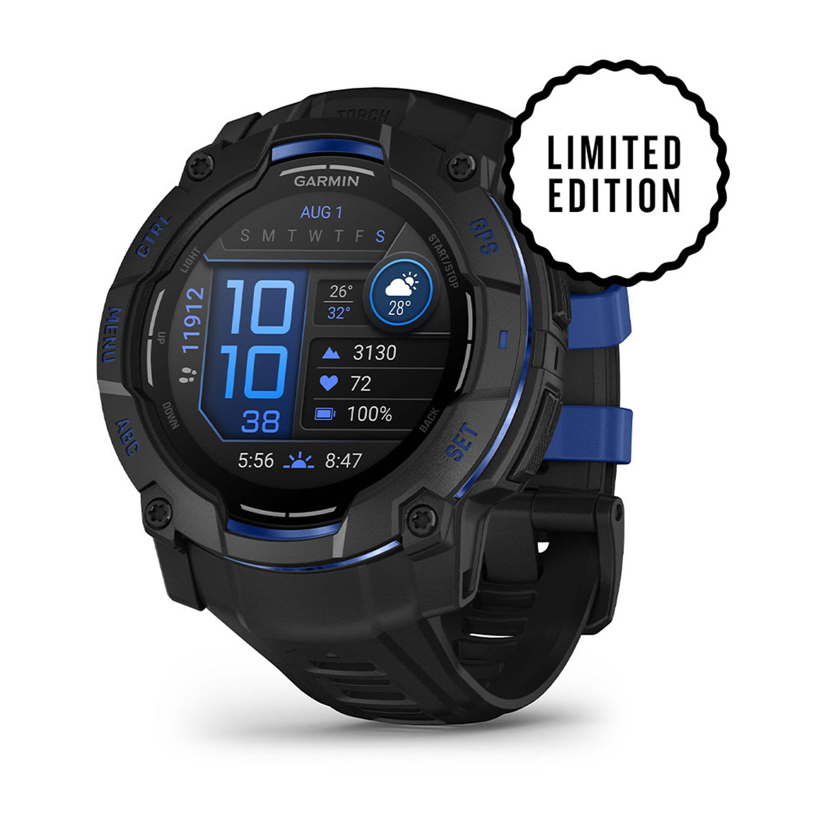 Instinct® 3 – 50 mm, AMOLED, Sort med sort/Bolt Blue rem