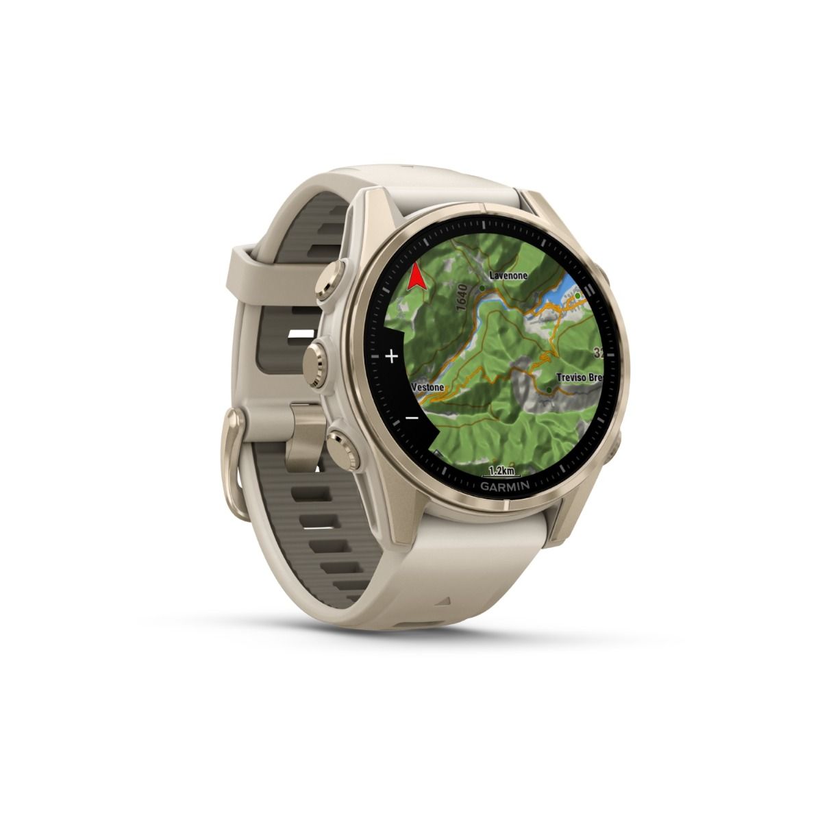 fēnix® 8 – 43 mm, AMOLED, Sapphire, Soft Gold med Fog Grey/Dark Sandstone silikonerem