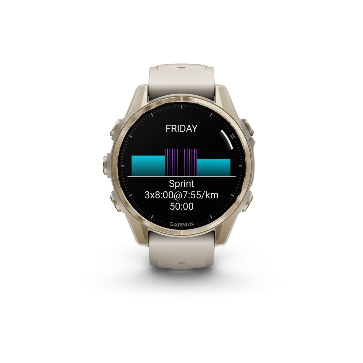 fēnix® 8 – 43 mm, AMOLED, Sapphire, Soft Gold med Fog Grey/Dark Sandstone silikonerem