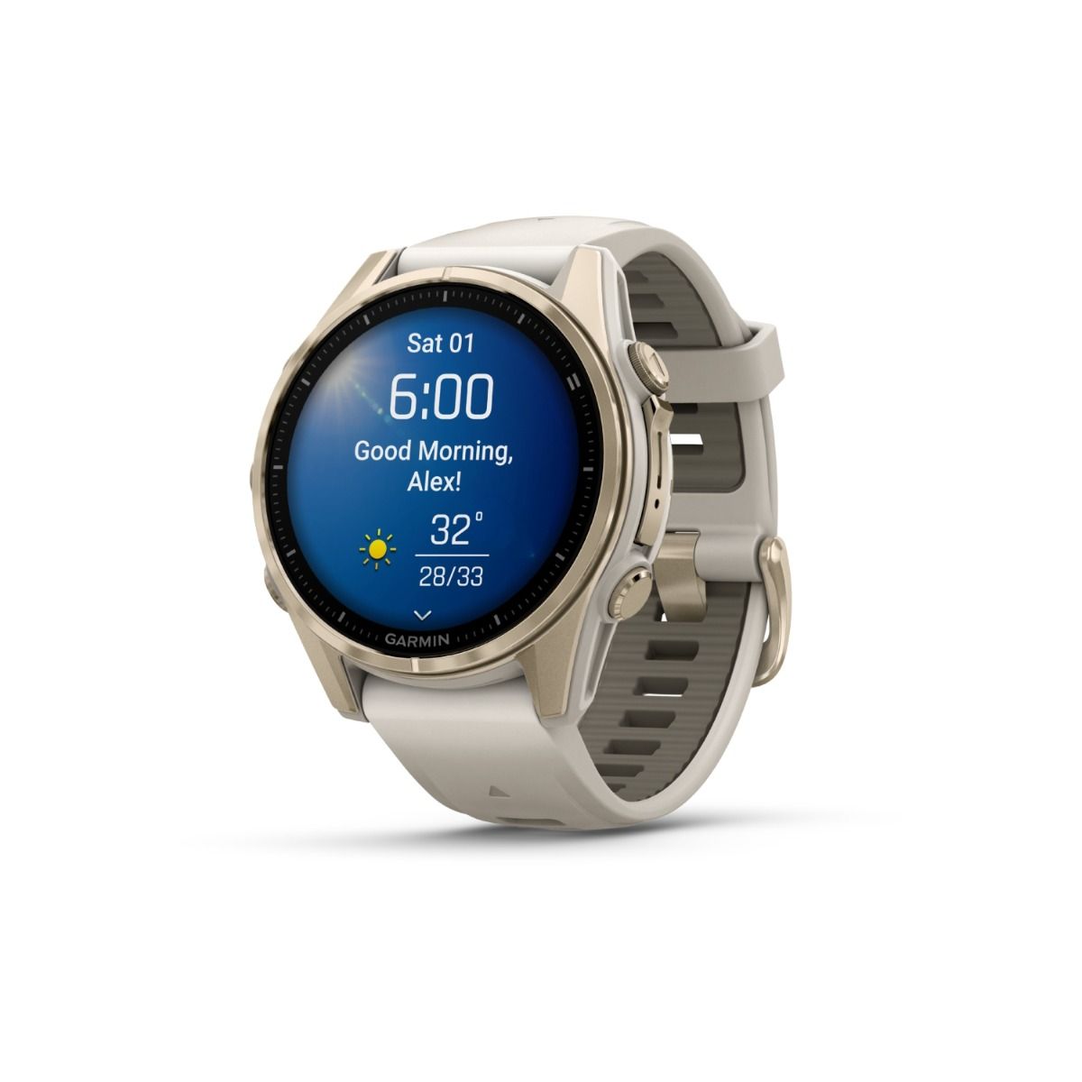 fēnix® 8 – 43 mm, AMOLED, Sapphire, Soft Gold med Fog Grey/Dark Sandstone silikonerem