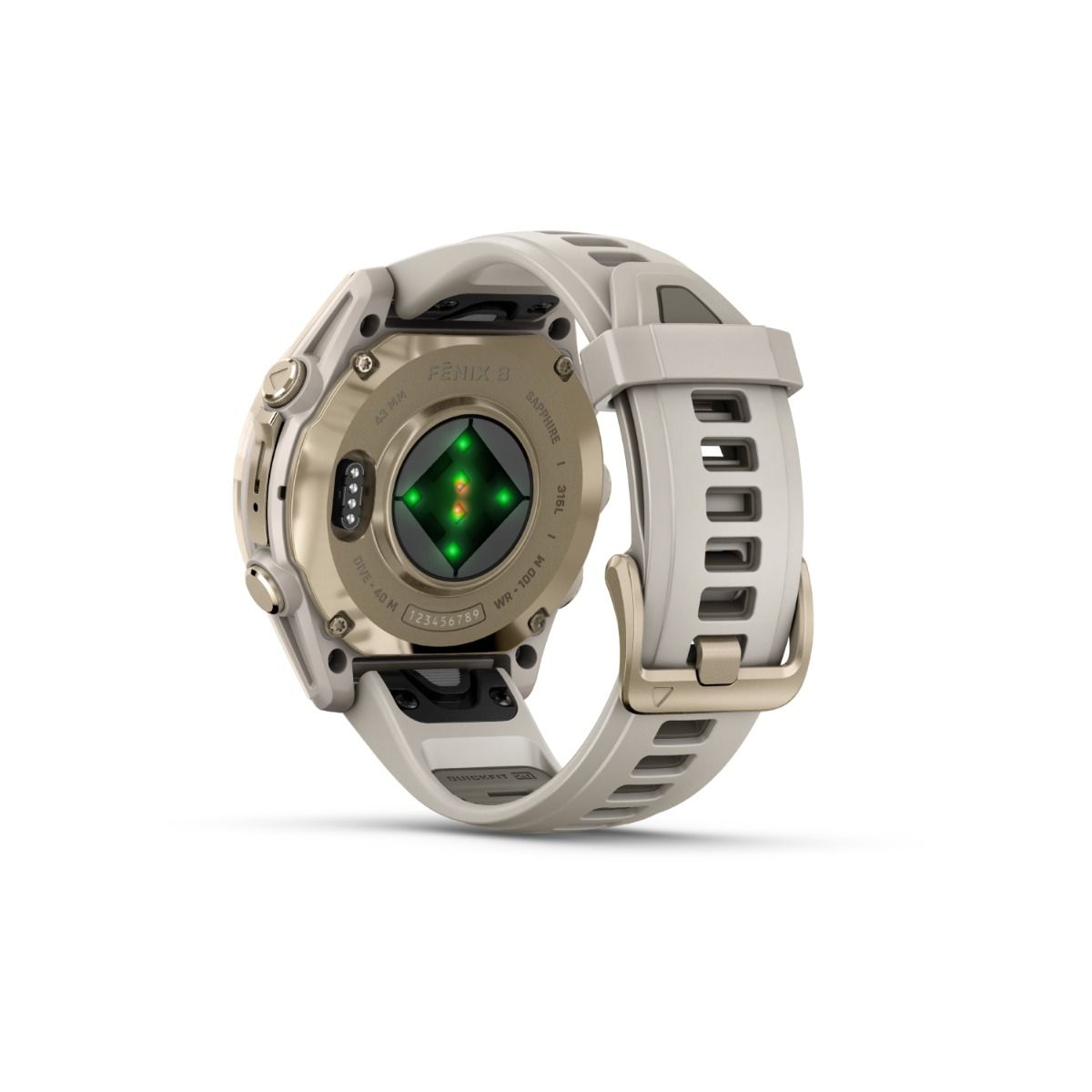 fēnix® 8 – 43 mm, AMOLED, Sapphire, Soft Gold med Fog Grey/Dark Sandstone silikonerem