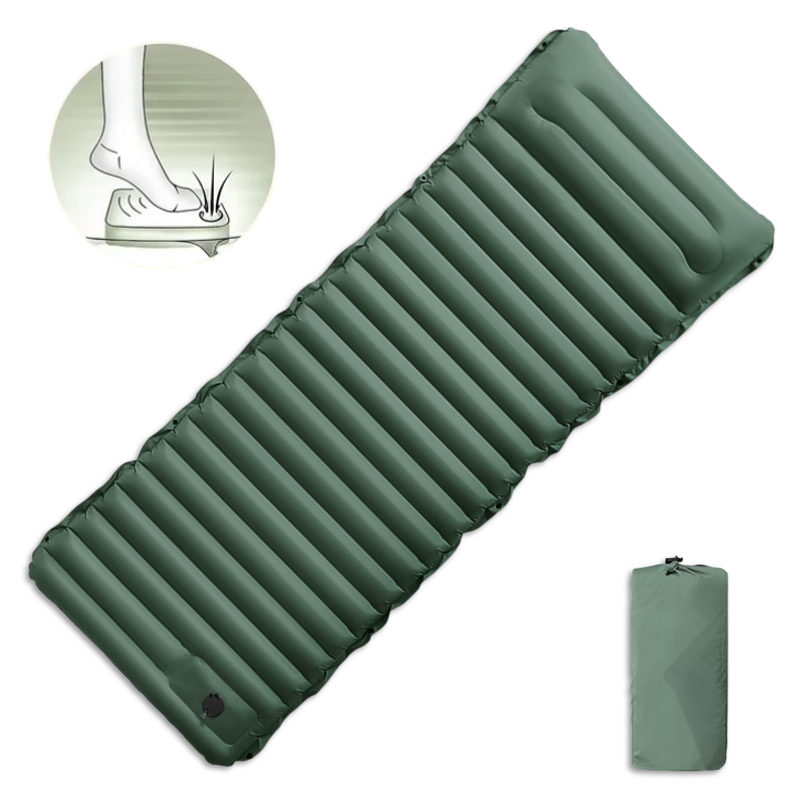 Globuz – Cloud Sleeping Mat with Built-in Foot Pump, 195 × 70 × 10 cm, Green/Grey