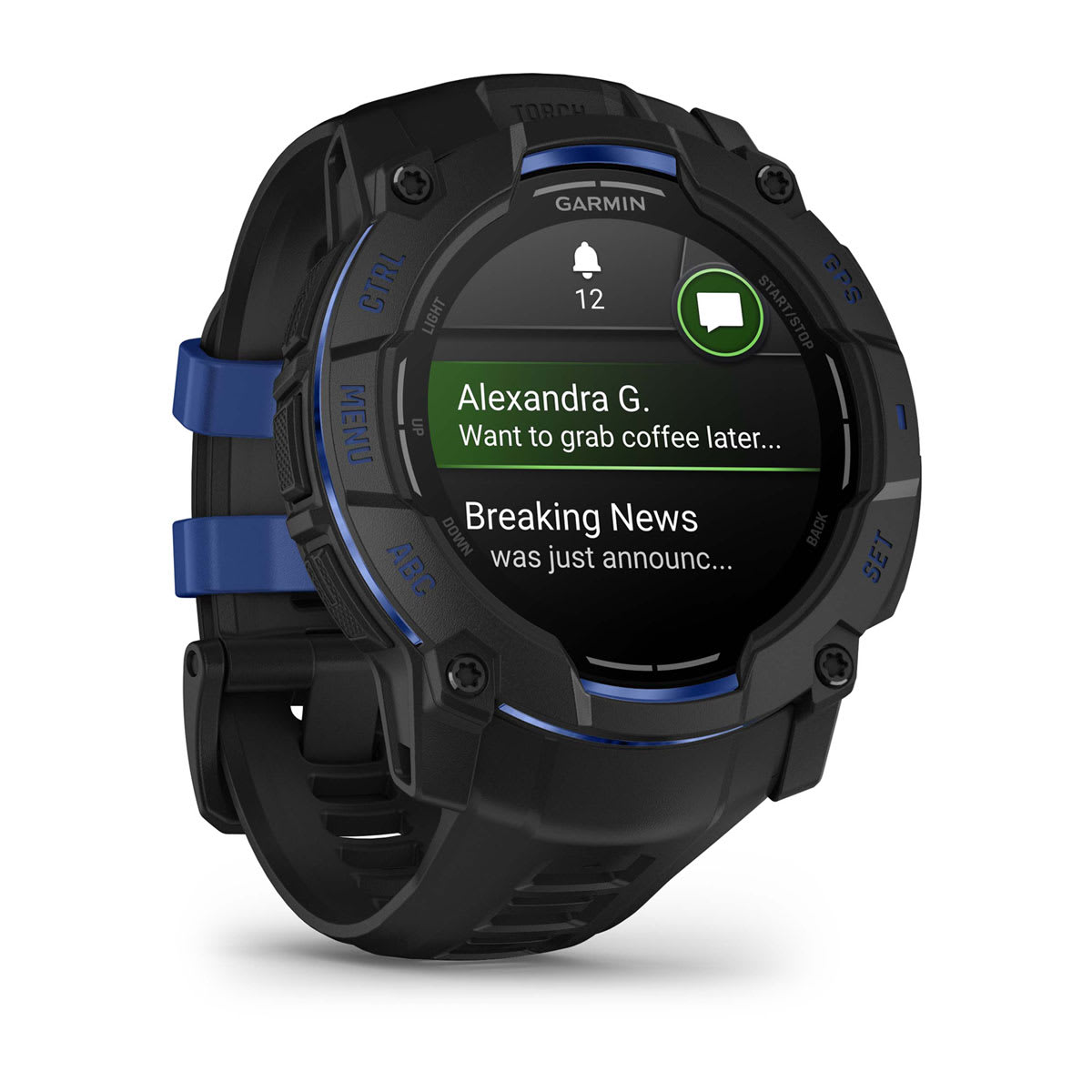 Instinct® 3 – 50 mm, AMOLED, Sort med sort/Bolt Blue rem